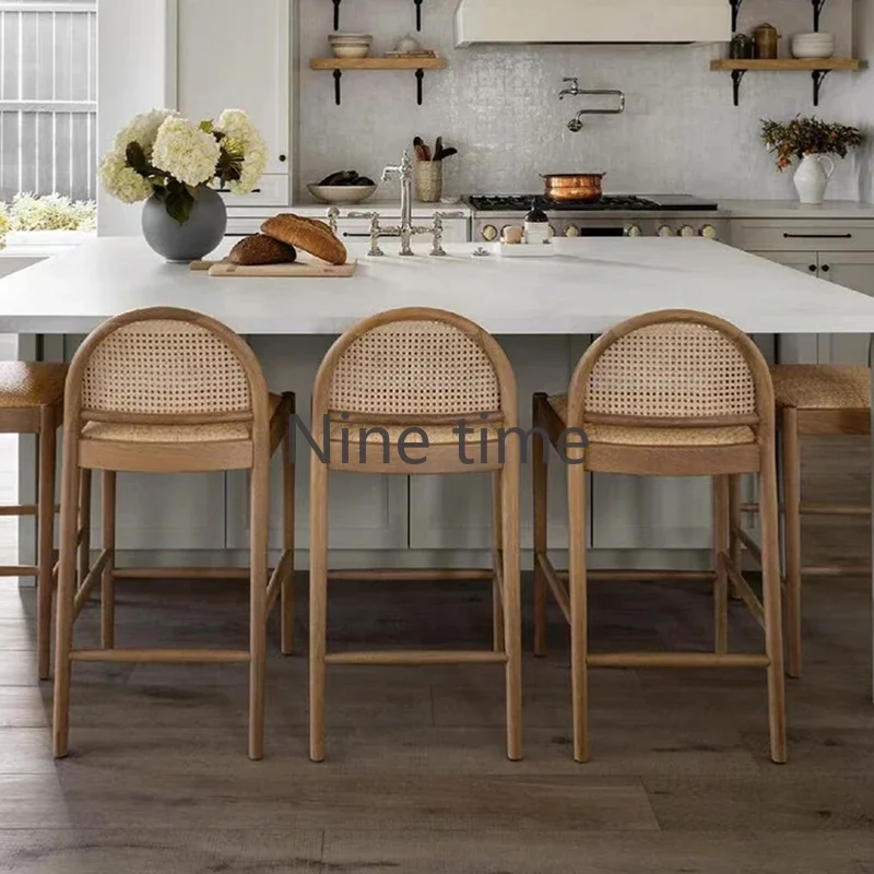 Commercial Kitchen Designer - Masif Ahşap Rattan Mutfak Bar Sandalyesi